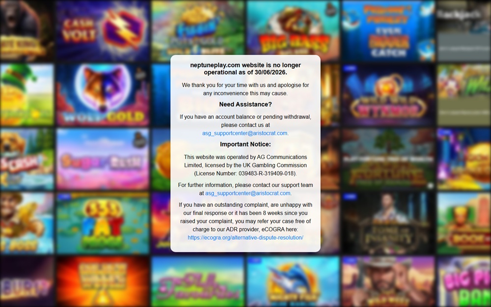 NeptunePlay closure notice naming AG Communications, still displayed while the domain sits on Anakatech's register