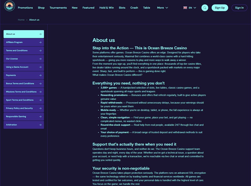 Ocean Breeze Casino about page describing a different casino, Maximal Bet, in its own introduction