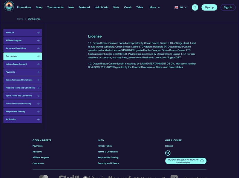 Ocean Breeze Casino licence page claiming a Curacao master licence and naming Lava Entertainment