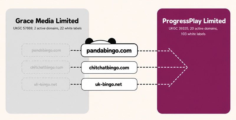 Diagram of three bingo domains moving from Grace Media's licence to ProgressPlay's, with ghost outlines showing their old register entries still standing
