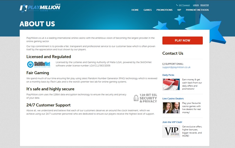 PlayMillion about page still citing a 2009 Malta LGA licence