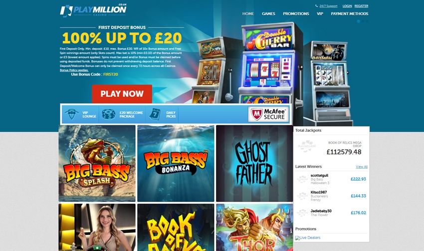 PlayMillion homepage showing its £20 welcome bonus and jackpot listings