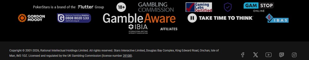 PokerStars footer stating it is a brand of the Flutter Group, licensed under UKGC 39108