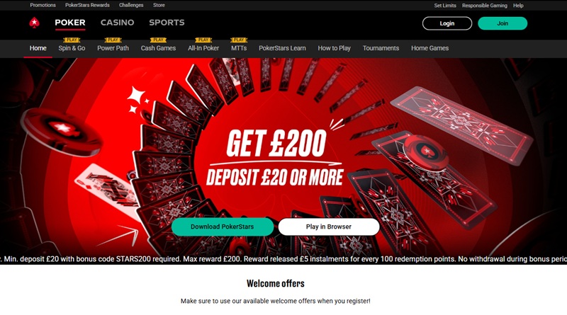 PokerStars homepage showing poker, casino and sports under one brand with a £200 poker welcome