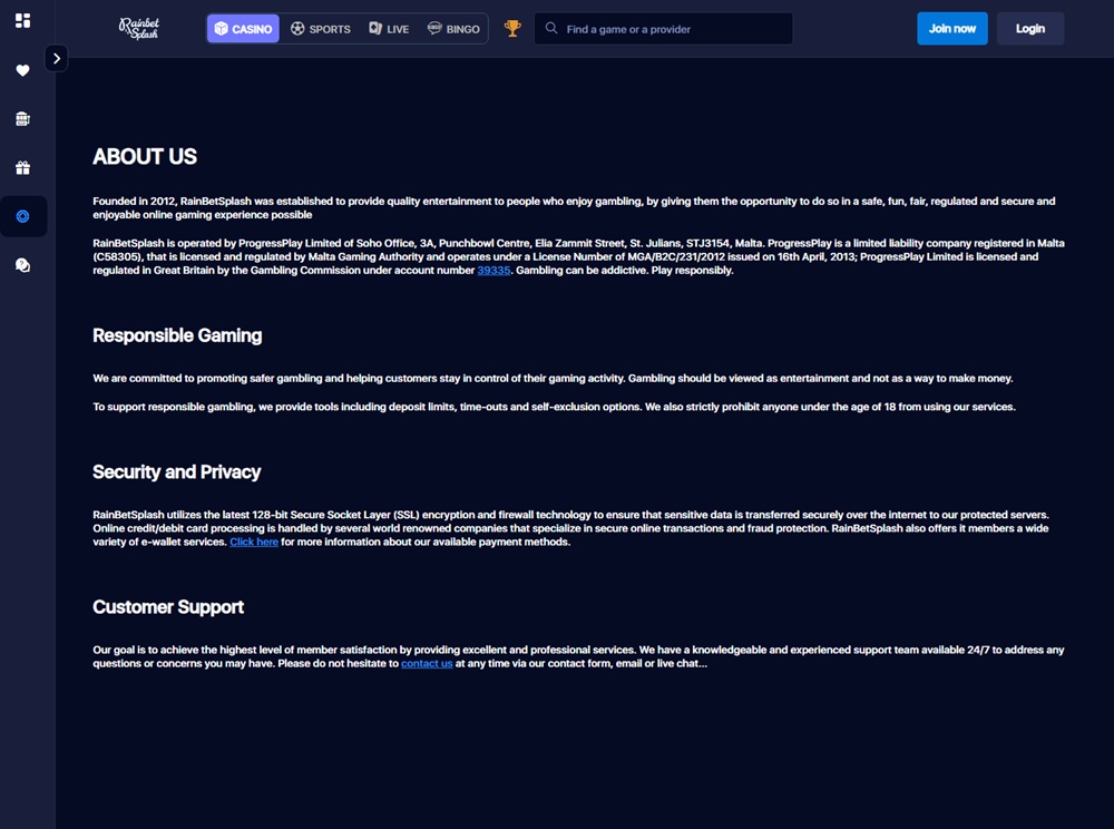 Rainbet Splash about page claiming a 2012 founding, the same sentence used by its sister site