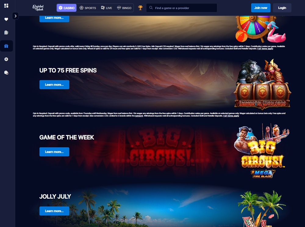 Rainbet Splash promotions page showing offers of up to 500 and 75 free spins, both capped at twenty pounds