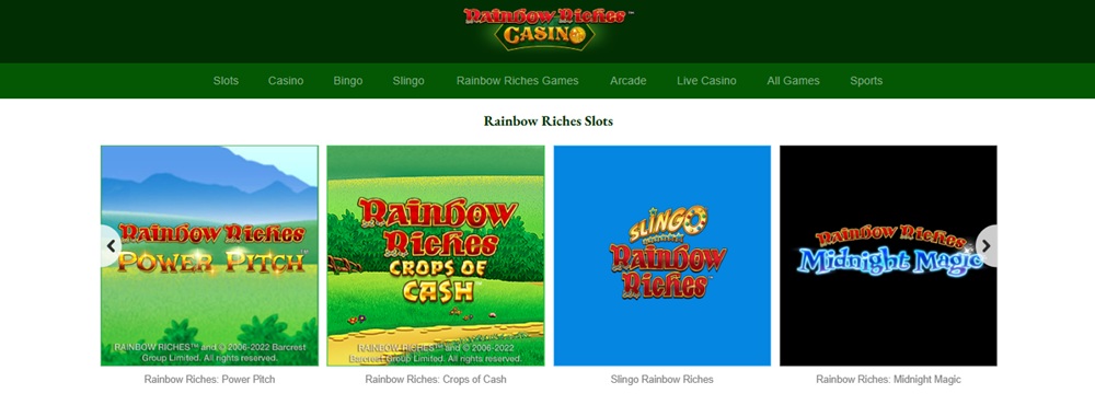 Rainbow Riches Casino homepage showing the full Rainbow Riches slot series