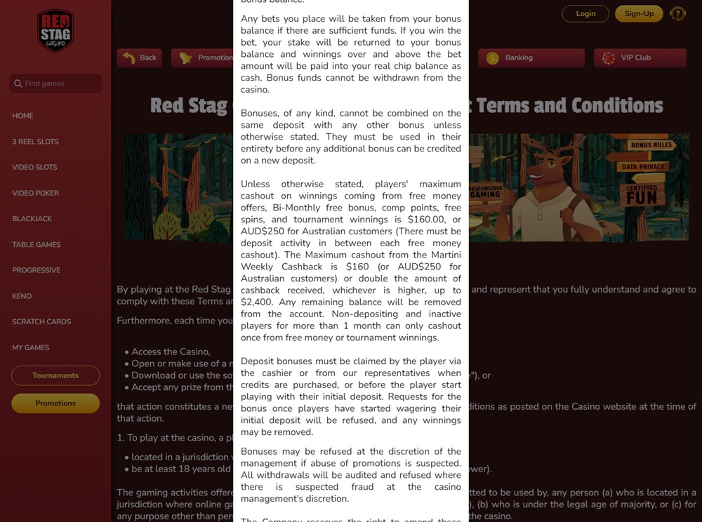 Red Stag Casino bonus rules capping a Martini Weekly Cashback promotion the casino doesn't offer