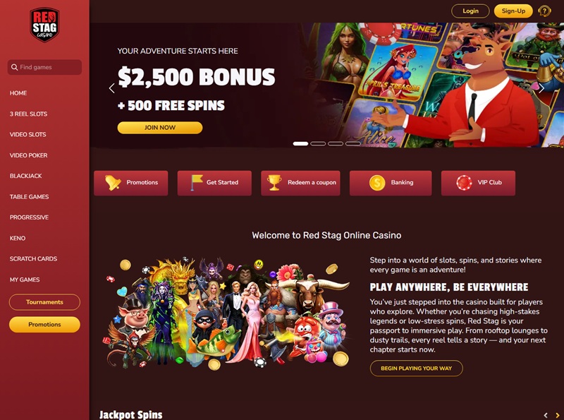 Red Stag Casino homepage with its 2,500 dollar welcome banner and adventure theme