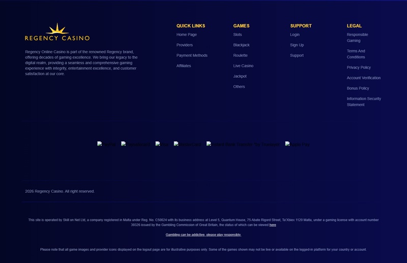 Regency Casino footer naming both the Regency brand legacy and operator Skill On Net Limited, UKGC 39326