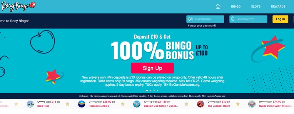 Rosy Bingo homepage showing an outdated 35x wagering line in the welcome banner above the current 10x site-wide terms strip