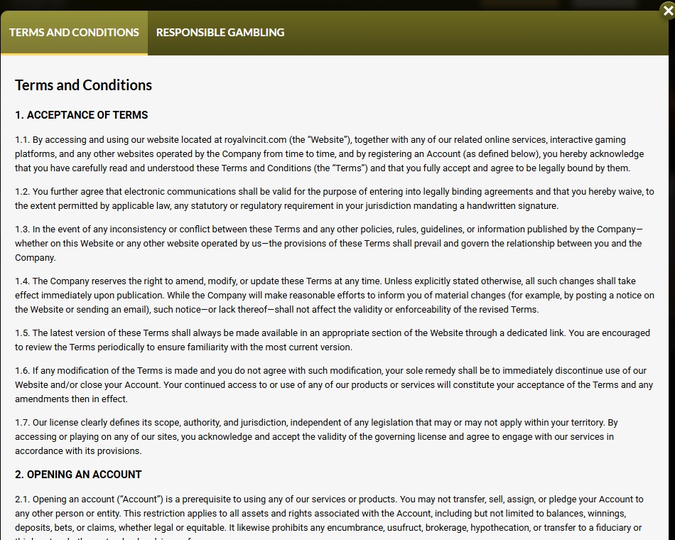 Royal Vincit terms describing a licence without naming any regulator or licence number