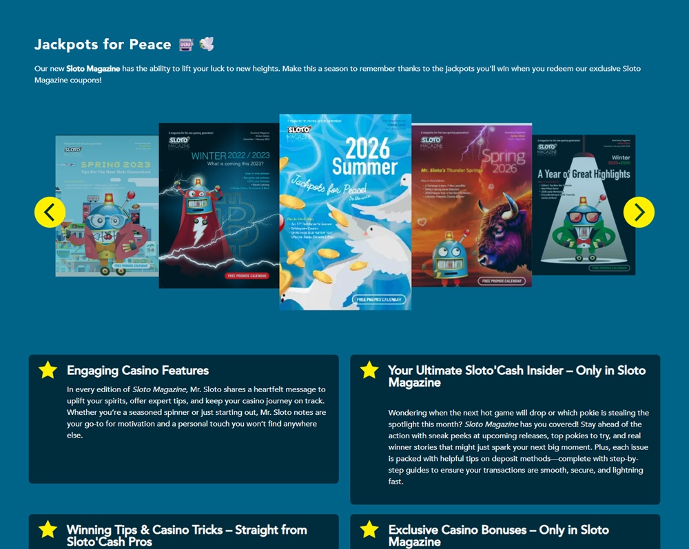 Sloto Magazine archive showing quarterly cover art including the Summer 2026 Jackpots for Peace edition