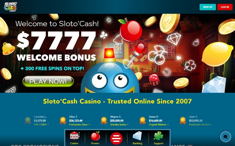 Sloto'Cash homepage advertising a $7,777 welcome package and a Trusted Online Since 2007 strapline