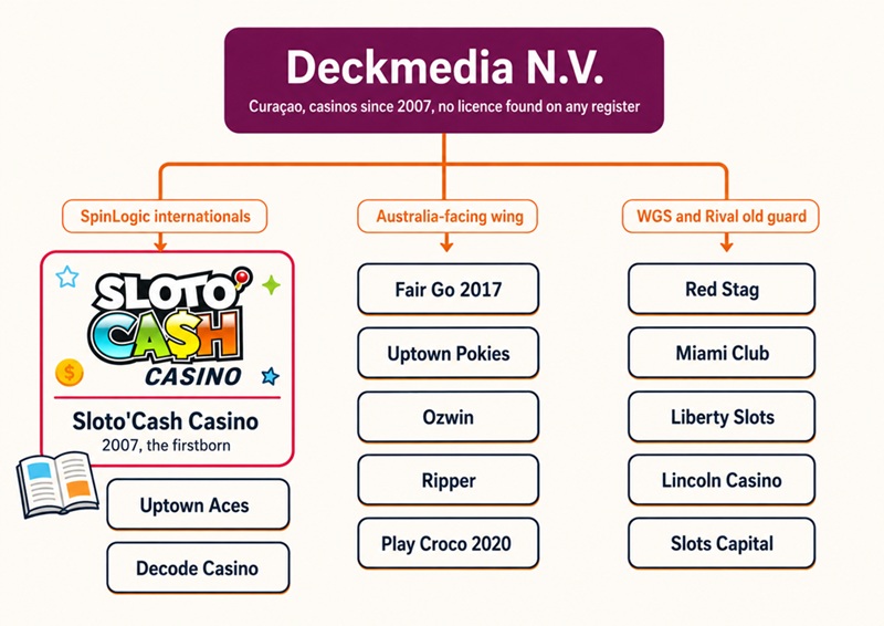 Family tree of Deckmedia's twelve sister casinos across three software wings, with Sloto'Cash highlighted as the 2007 founding brand