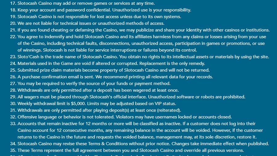 Sloto'Cash terms describing the casino as a trade name of itself, with no operating company or licence named