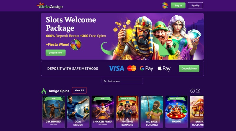 Slots Amigo homepage showing its Daily Deals banner and Amigo Spins games shelf