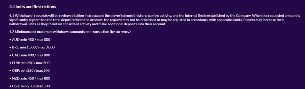 Slots Amigo withdrawal policy showing a 250 pound minimum, 500 pound maximum and 500 pound weekly limit