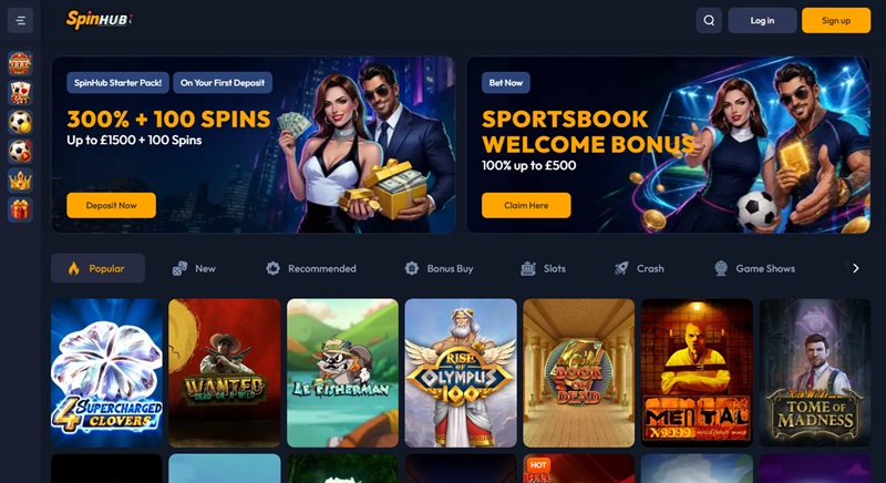 Spinhub Casino homepage banner advertising 300% plus 100 spins on the first deposit