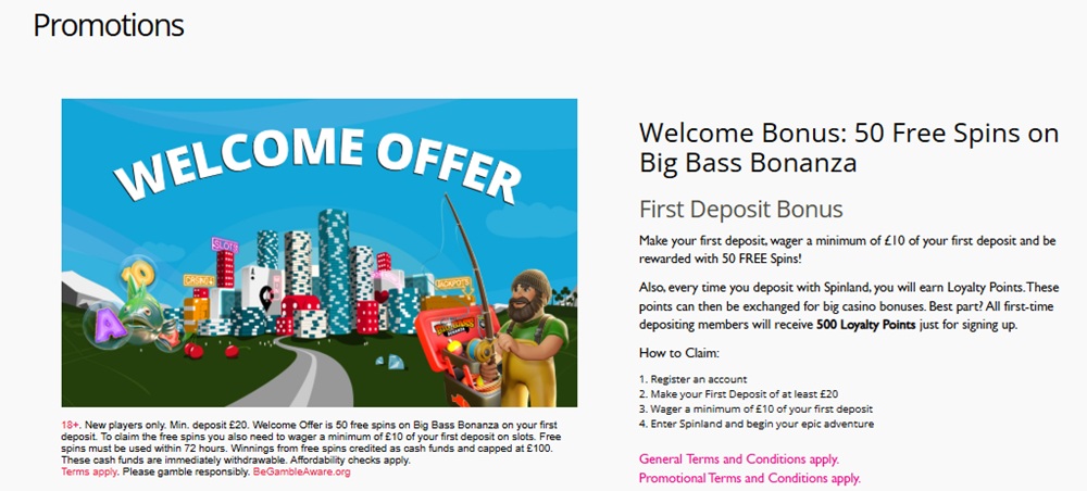 Spinland welcome offer terms showing cash-paid spin winnings capped at £100