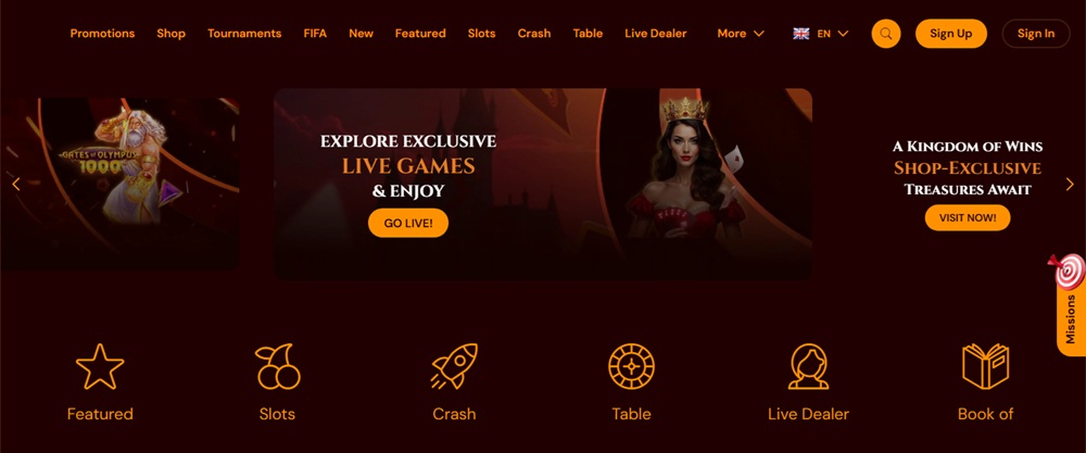 Spins Castle homepage with royal-castle theming and a casino-only games menu