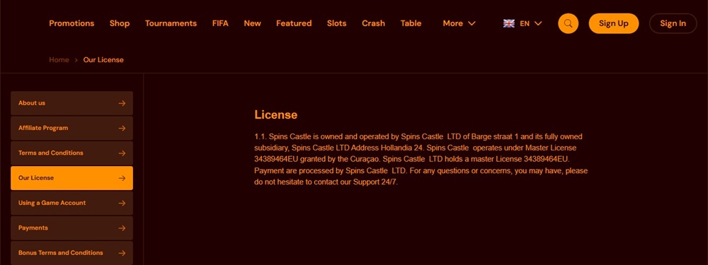 Spins Castle licence page naming itself as its own subsidiary, beside a sister site's copy of the same text with the wrong brand name