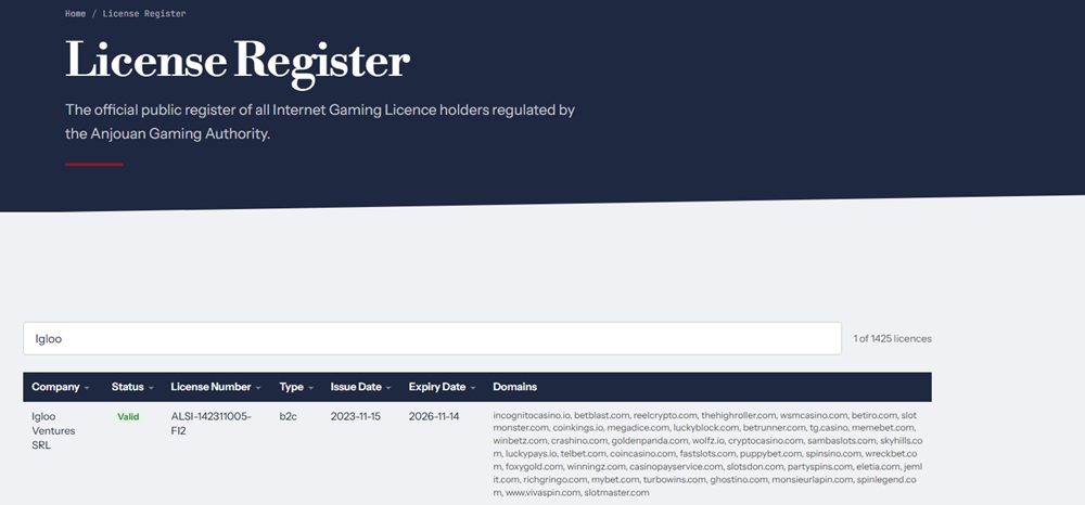 Anjouan register entry showing Igloo Ventures holding one licence across dozens of casino domains including thehighroller.com