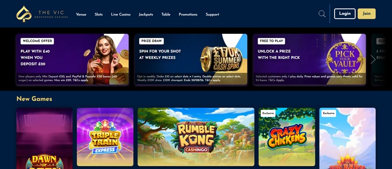 The Vic online casino menu showing venue, slots, live casino, jackpots and table games sections, with no poker section