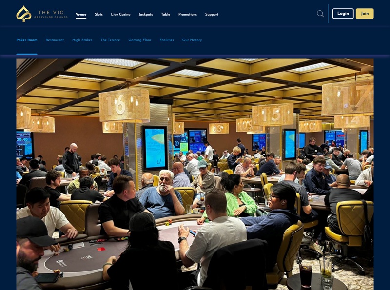The Vic website's venue section describing the Grosvenor Victoria casino in London