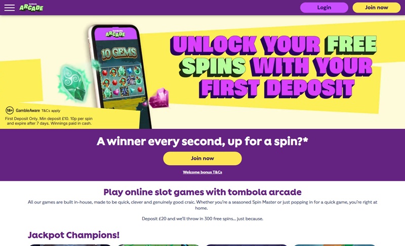 Tombola Arcade homepage showing its exclusive in-house games