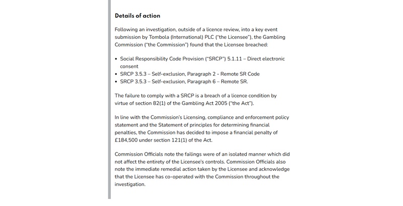 UKGC register entry showing Tombola International's £184,500 penalty of July 2025