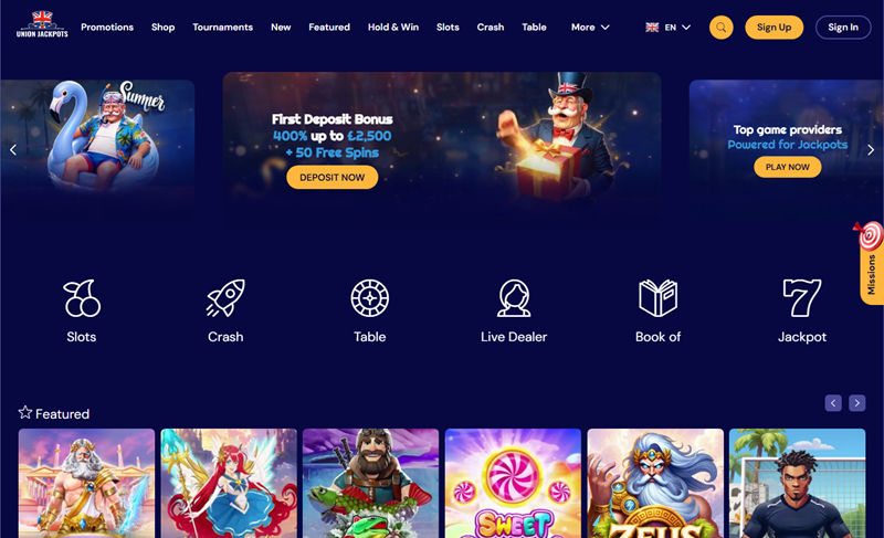 Union Jackpots homepage showing its British theme and 400% welcome offer