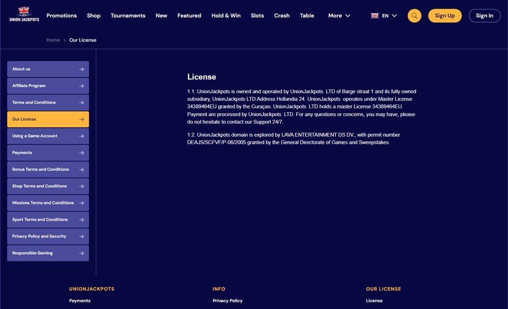 Union Jackpots licence page showing the network's template licence claim and unverifiable licence number