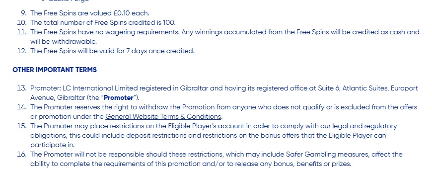 Gala Spins welcome offer terms showing the free spins carry no wagering requirements