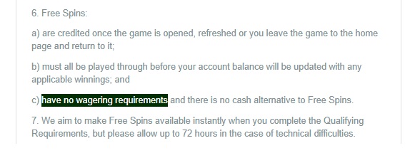 Rainbow Riches Casino welcome rules confirming the free spins have no wagering requirements