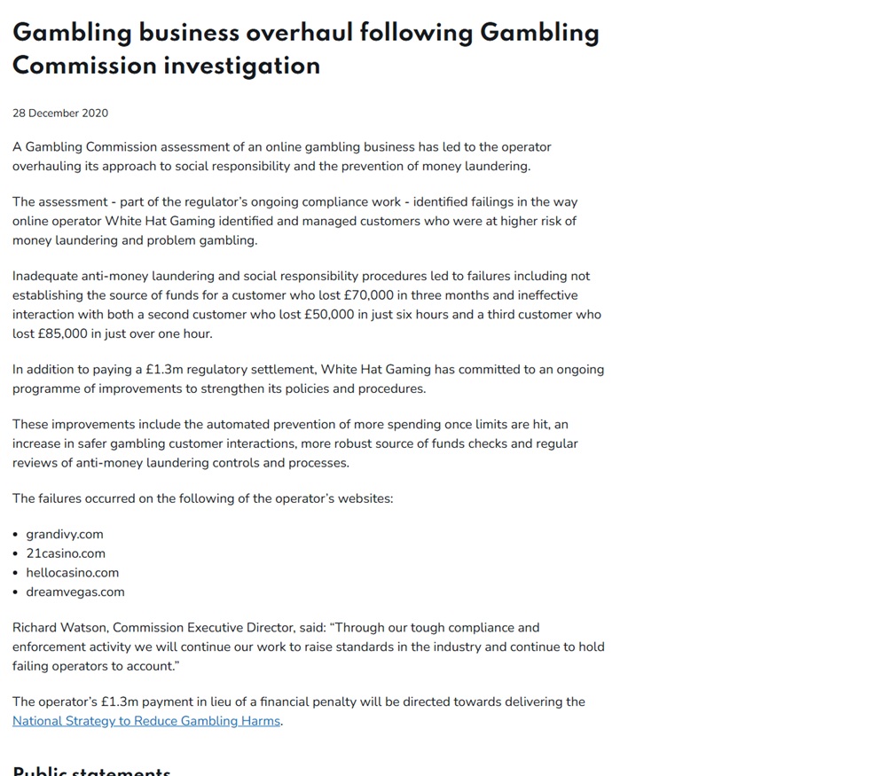 Gambling Commission article on White Hat Gaming's £1.3m settlement