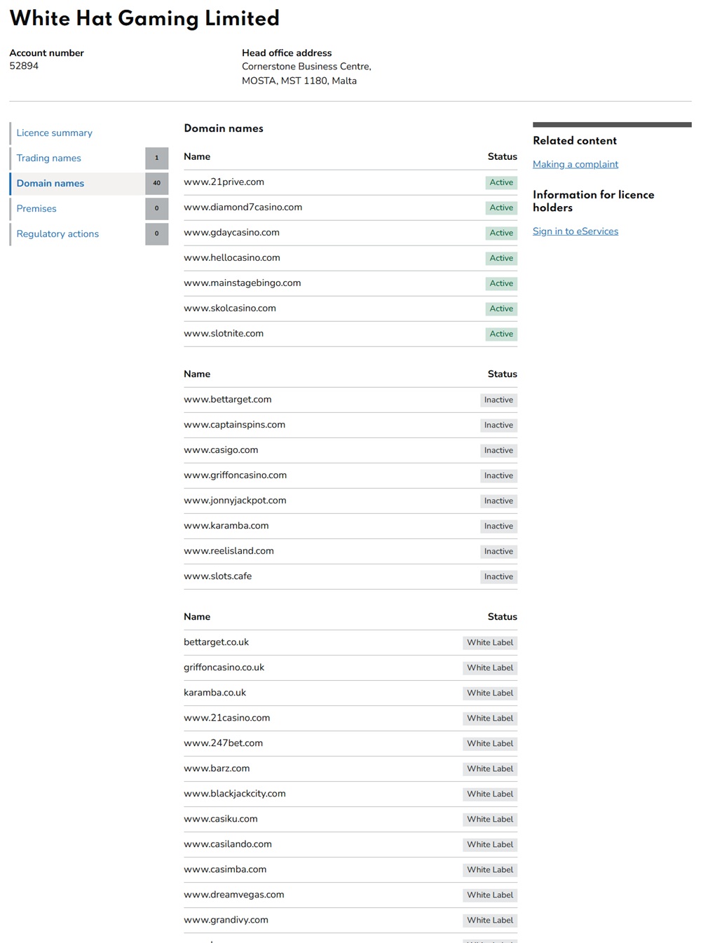White Hat Gaming's UKGC domain list split into Active, Inactive and White Label