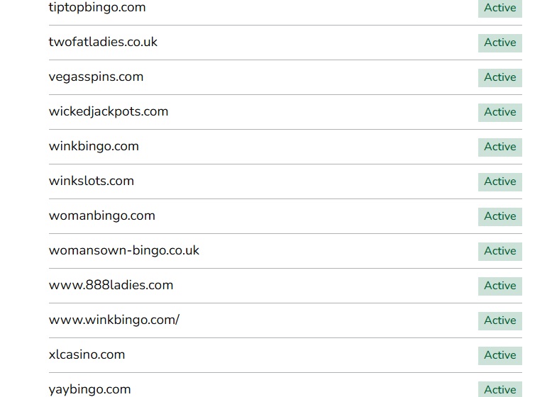 The UK Gambling Commission register for Broadway Gaming Ireland DF Limited listing winkbingo.com among dozens of live domains