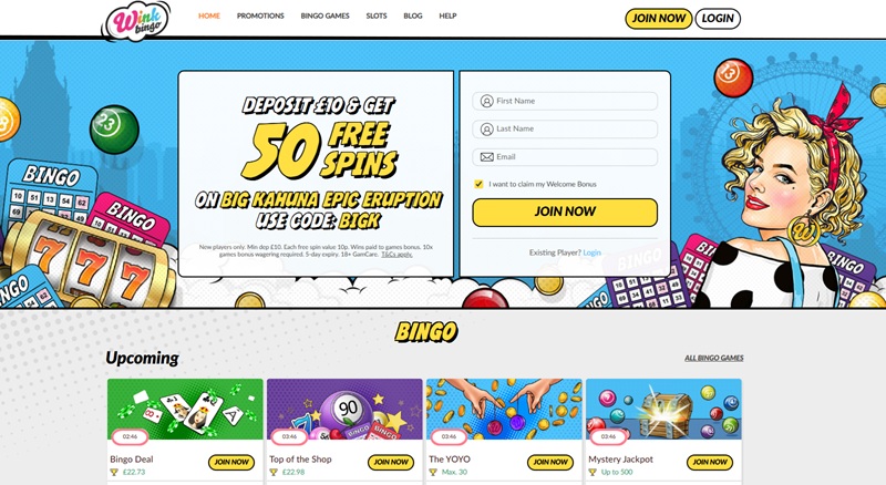 Wink Bingo homepage in Roy Lichtenstein pop-art style with a comic-book heroine and 50 free spins welcome banner