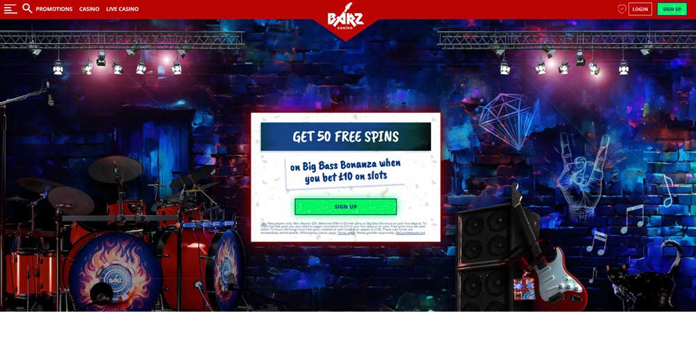 Barz Casino homepage staged as a rock venue with drum kit and guitar beside the 50 free spins welcome banner