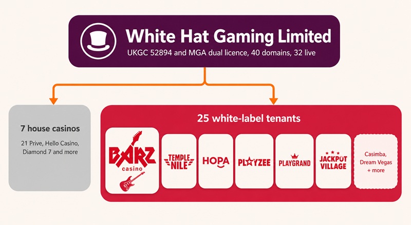Diagram of White Hat Gaming's licence with Barz Casino among 25 white-label tenants beside 7 house casinos