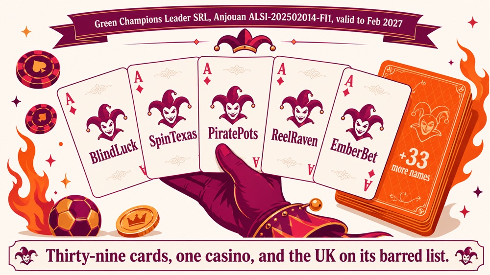 Fanned playing cards diagram showing BetBluff's sister sites on the Green Champions licence