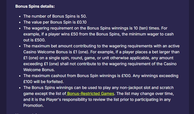BetCrown casino welcome offer terms showing a 10x wagering requirement on bonus spin winnings
