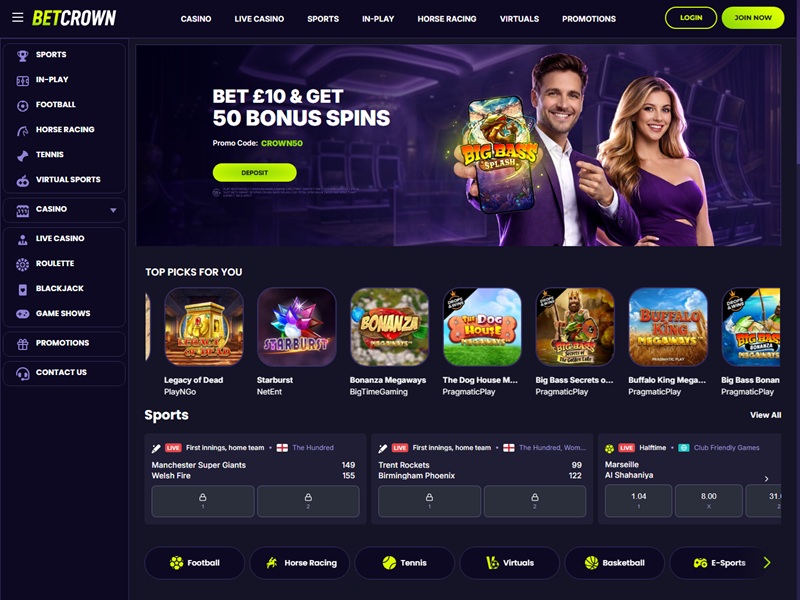 BetCrown homepage with lime branding, sports menus and a Pragmatic Play-led slots row