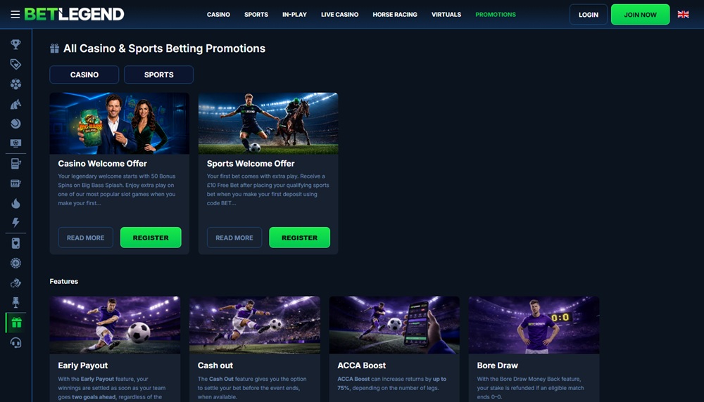 BetLegend promotions page showing its casino spins offer and sports free bet side by side