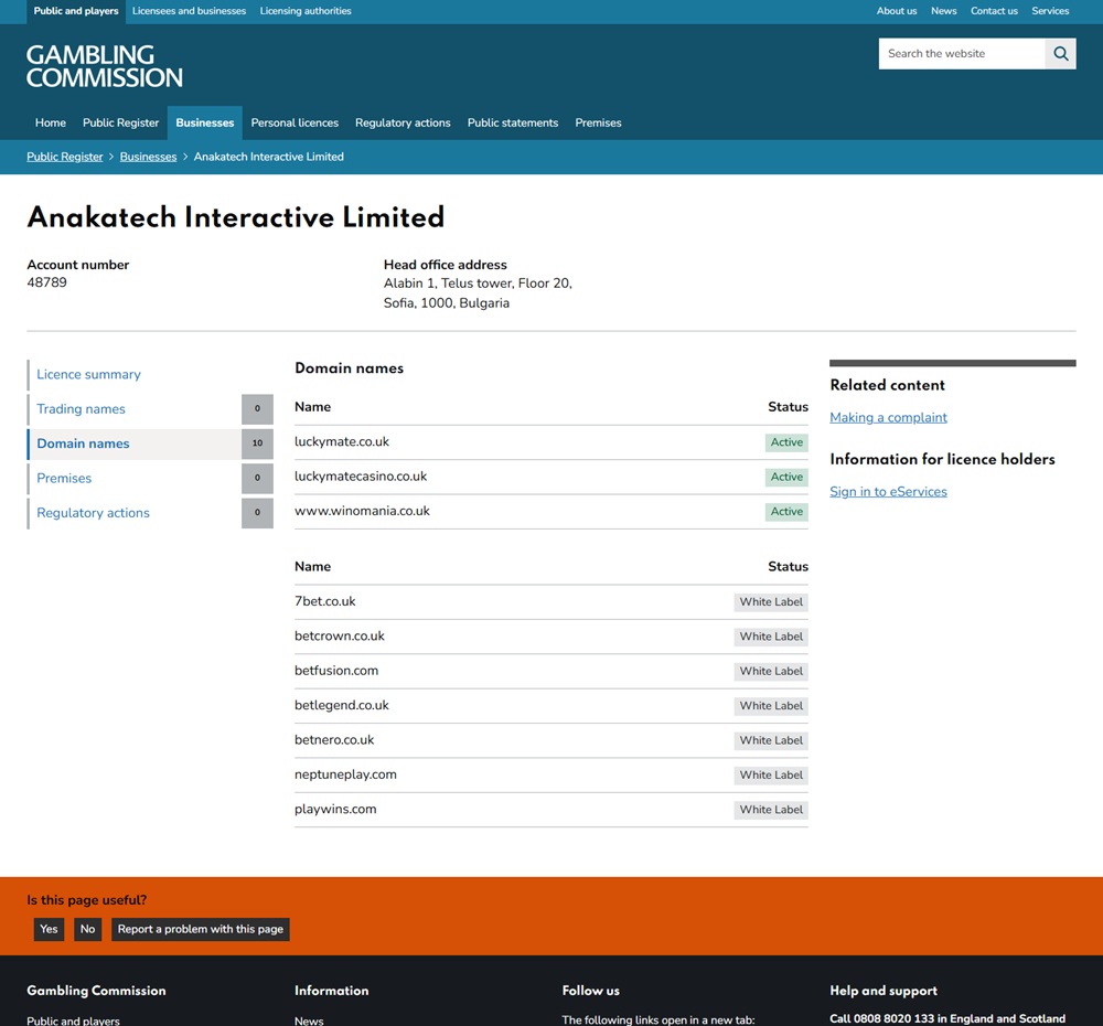UK Gambling Commission register for Anakatech Interactive Limited listing betlegend.co.uk among its domains