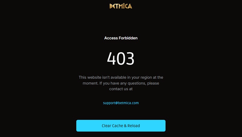 Betmica registered domain showing a 403 access forbidden page to a UK visitor
