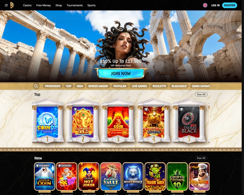 Betmica homepage showing Medusa banner and games framed as Greek temples