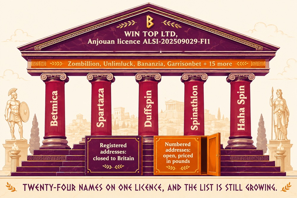 Temple diagram showing Win Top's licence with Betmica and its sister sites as columns