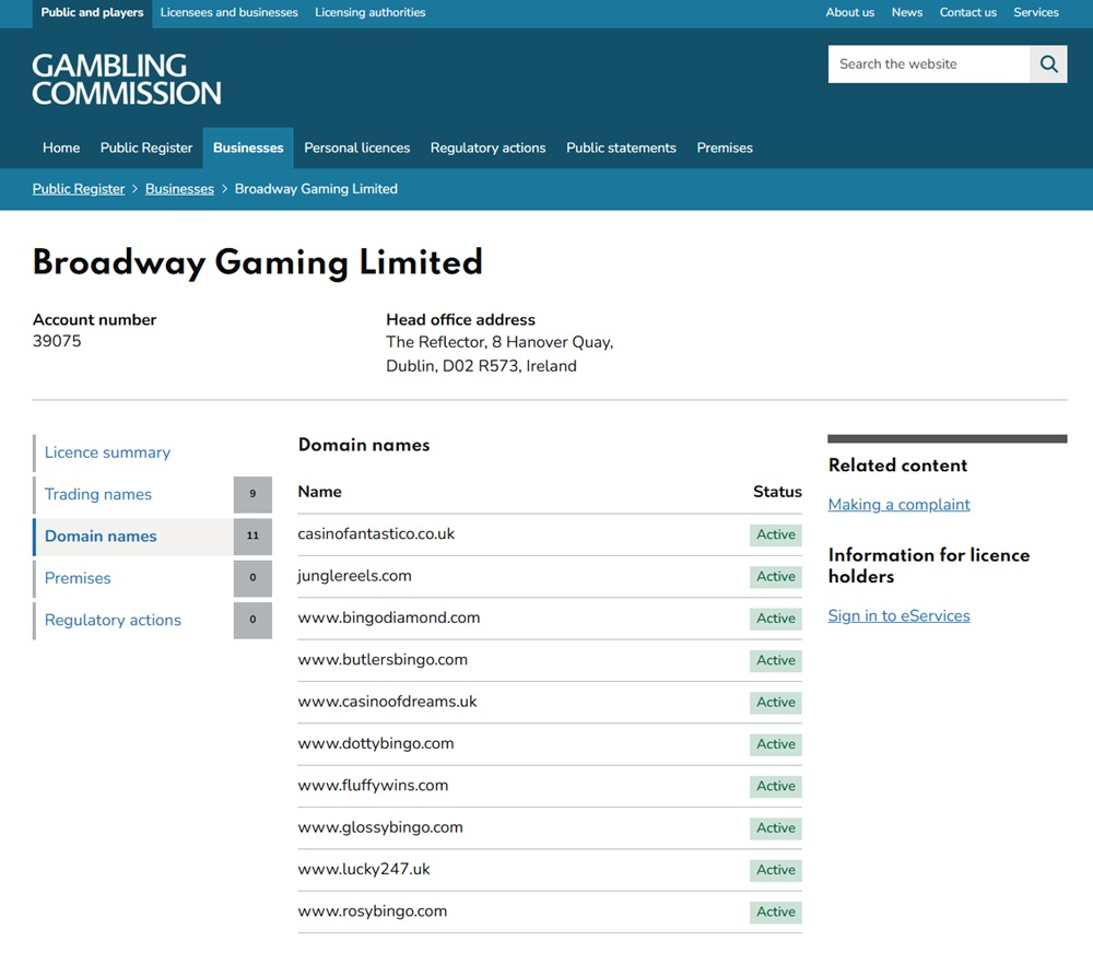 gambling commission register entry for broadway gaming limited showing glossybingo.com active